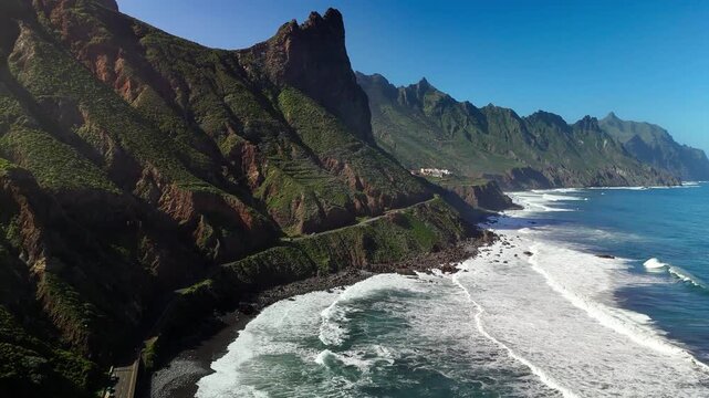 Aerial drone view of Roque de las Animas and rugged coastline, Taganana, Tenerife
