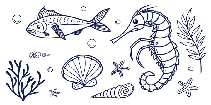 Underwater inhabitants collection featuring fish, seahorse, seashells, starfish, and coral elements with bubbles