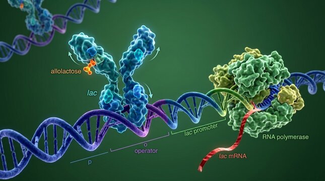 Dna replication and transcription process with rna polymerase and lac operon