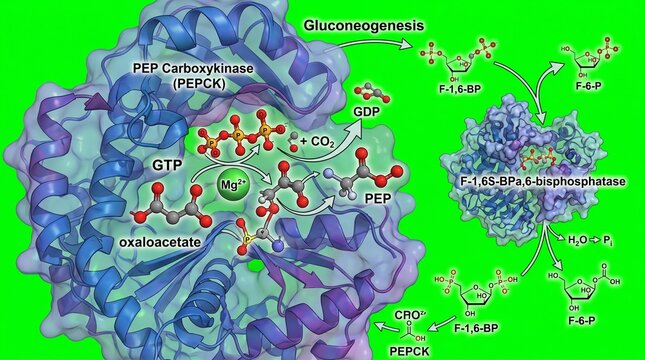 Gluconeogenesis biochemical pathway illustration with enzyme structures and molecular interactions