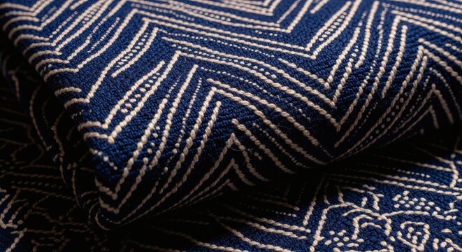 Macro batik parang fabric texture close-up, indigo blue woven thread detail Javanese heritage textile
