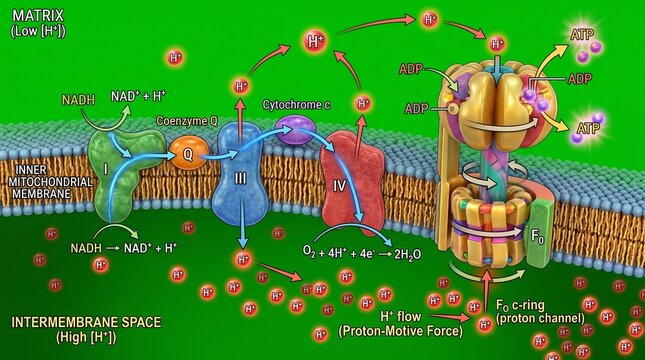 Detailed illustration of the electron transport chain process in cellular respiration