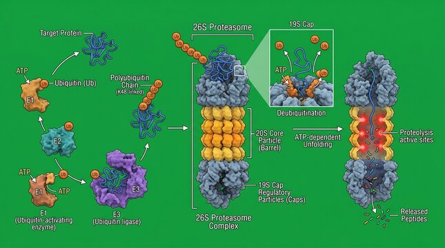Diagram showing the ubiquitin proteasome pathway and 26s proteasome complex structure and function