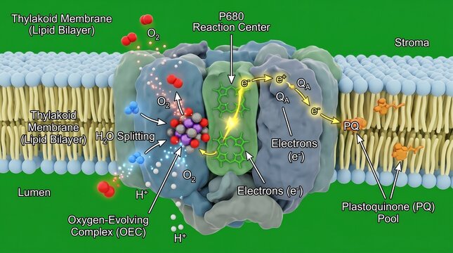 Detailed diagram of the thylakoid membrane structure and function in photosynthesis
