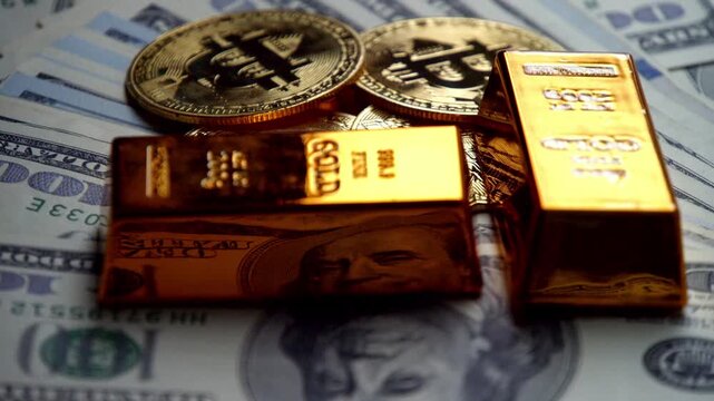 Gold bars shine brightly while crumpled dollar bills lay beneath them. Nearby, Bitcoin coins add a modern twist to this classic display of wealth and value