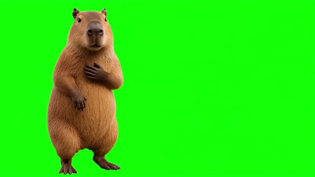 Realistic 3D capybara placing hand on heart in a sincere gesture of deep gratitude and trust, honest corporate promise and loyal customer service concept isolated on chroma key green screen background