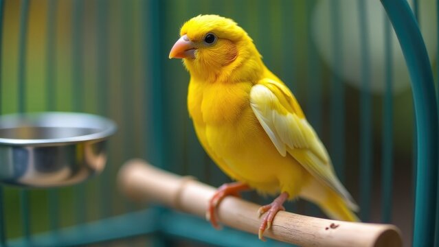 A bright yellow bird sits on top of a wooden perch, looking around