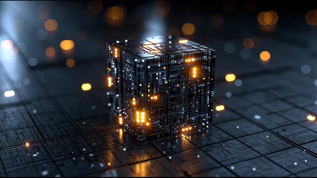 Illuminated electronic cube with glowing circuits resting on dark grid surface