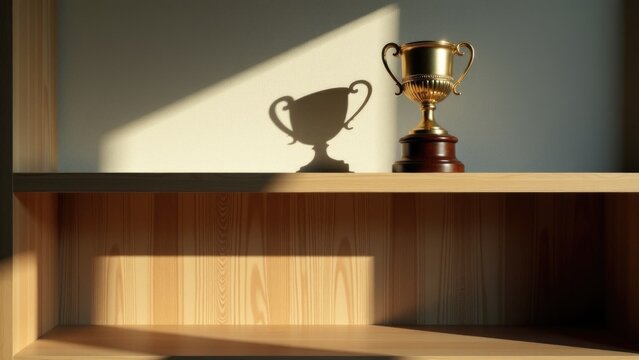 A golden trophy sits atop a wooden shelf, ready for display