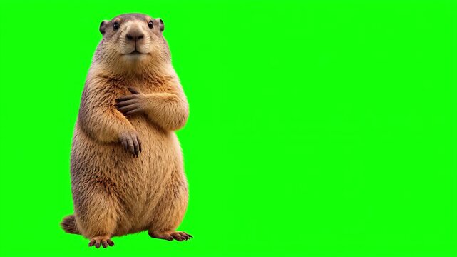 Realistic 3D marmot placing hand on heart in a sincere gesture of deep gratitude and trust, honest corporate promise and loyal customer service concept isolated on chroma key green screen background