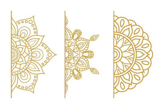 Golden half mandala ornamental design set three styles transparent background PNG luxury decoration