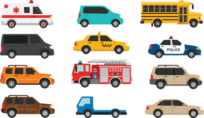 City Transport and Emergency Vehicle Vector Icon Set Featuring Ambulance Police Car Fire Truck Taxi and School Bus for Logistics Graphic Designs © Hosneara