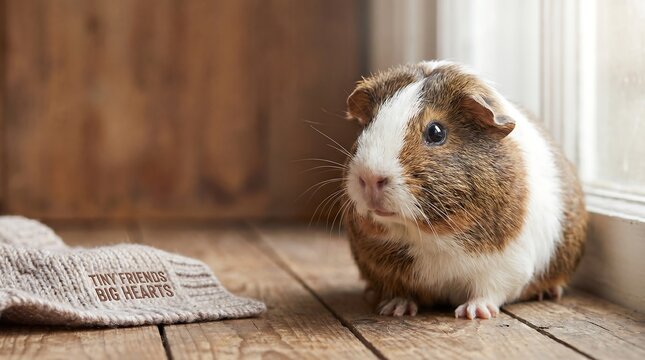A cute guinea pig with brown and white fur sits on a wooden floor next to a small cloth.