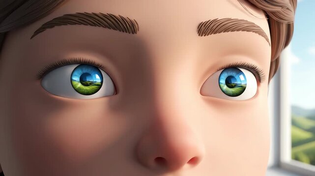 Close-up of cartoon character's face showing blue eyes and brown eyebrows looking outside through a window.