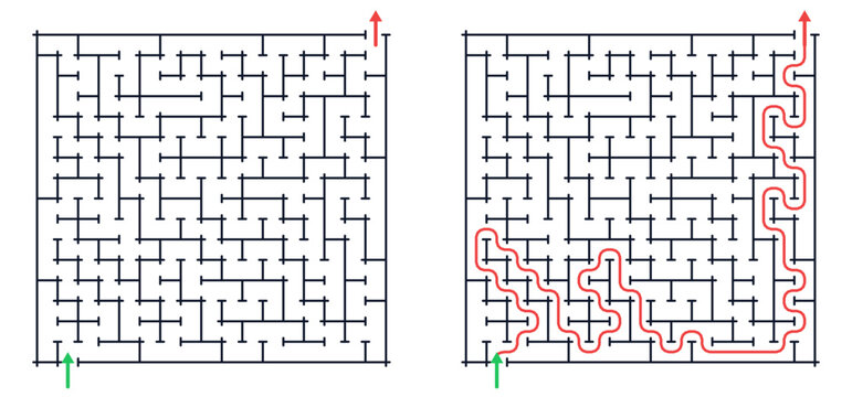 Rectangular maze for adults, medium difficulty printable logic game, find the way from start to exit, black and white, activity worksheet page with solution