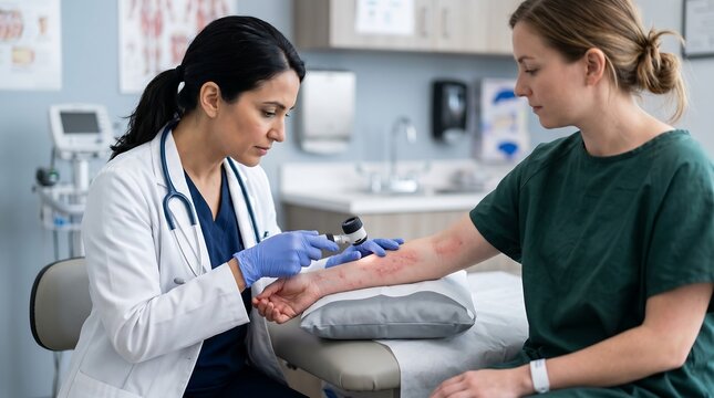 A female doctor examines a patient's arm rash in a medical examination room.