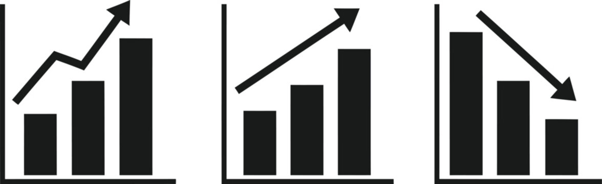 Three black bar graphs showing increasing and decreasing trends on white background