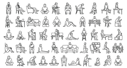 Obraz premium A comprehensive vector asset sheet, based on a clean grid layout, containing a diverse collection of exactly 50 unique, individual human sitting position outline .eps