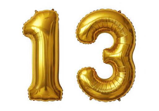 Golden shiny number thirteen balloon decoration isolated on transparent background