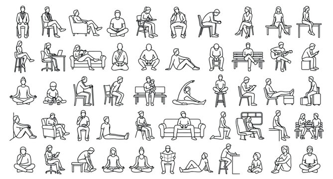 A comprehensive vector asset sheet, based on a clean grid layout, containing a diverse collection of exactly 50 unique, individual human sitting position outline .eps