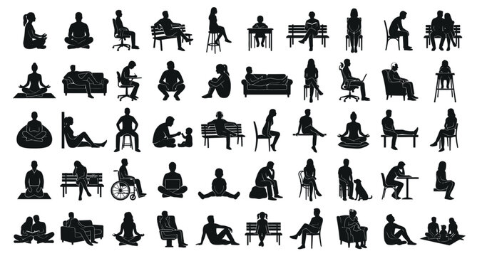 A comprehensive vector asset sheet, based on a clean grid layout, containing a diverse collection of exactly 50 unique, individual human sitting position silhouettes .eps