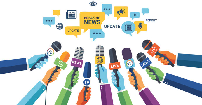 Hands holding microphones for breaking news interview report mass media journalism and press conference concept