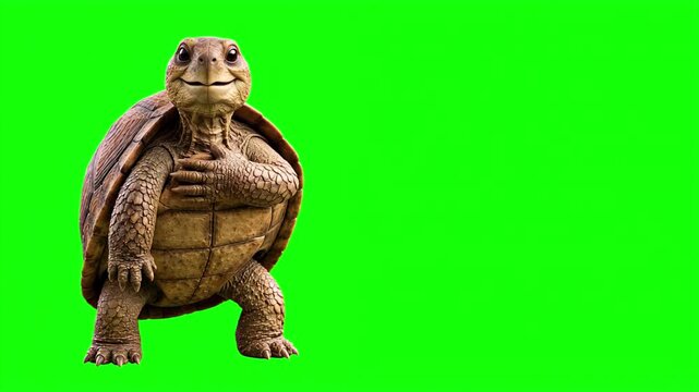 Realistic 3D turtle placing hand on heart in a sincere gesture of deep gratitude and trust, honest corporate promise and loyal customer service concept isolated on chroma key green screen background
