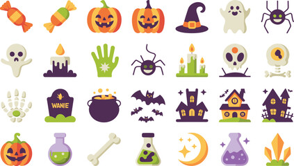Fototapeta premium Halloween holiday flat vector icons set of traditional spooky elements and symbols isolated