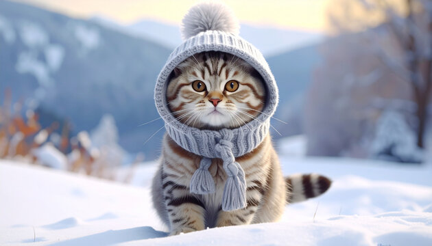 Anak kucing mengenakan topi musim dingin di tengah lanskap bersalju