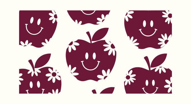 Seamless pattern with maroon smiley face apples and daisy flowers on a cream background graphic.