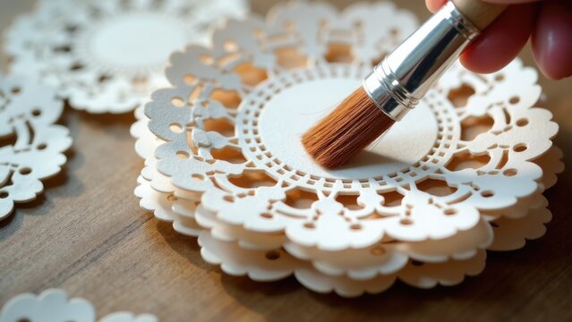 A person using a brush to create a intricate design on a doily