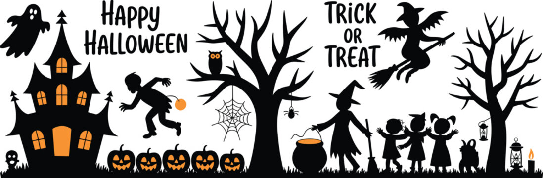 Halloween landscape silhouette with haunted house children trick or treating and pumpkins