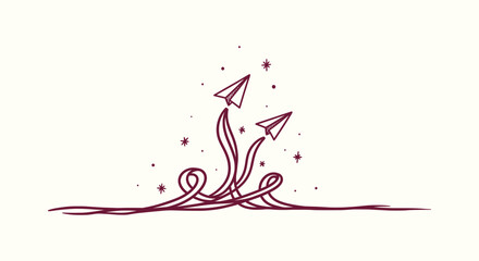 Fototapeta premium Hand Drawn Paper Airplanes Flying with Creative Swirl Trails and Stars Minimalist Line Art Vector