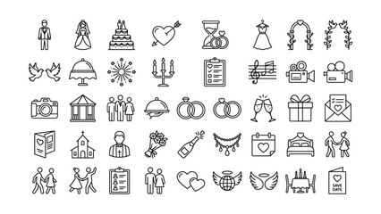 Wedding planning and love icons in line art style on white background © ABDULLAH
