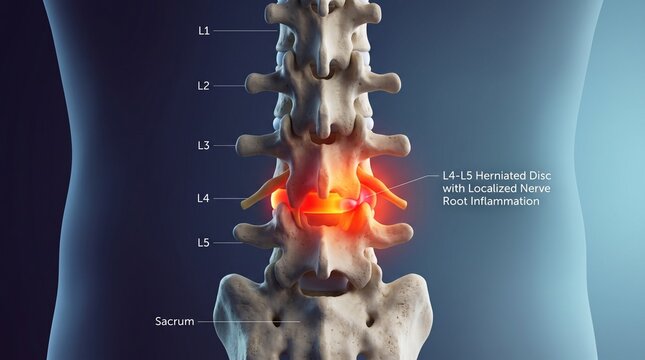 Anatomical 3D render illustration of a human lumbar spine showcasing an L4-L5 herniated disc with an intense glowing red heat map signifying nerve root inflammation and back pain.