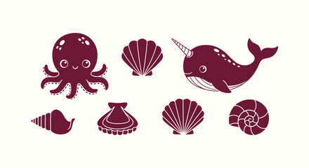Cute Sea Life Vector Set with Octopus Narwhal and Various Seashells Icons for Design Projects © RUMA