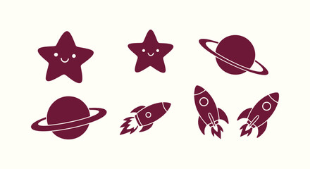 Vector Space Icon Set Featuring Rocket Ships Smiling Stars and Ringed Planets in Silhouette Style. © RUMA