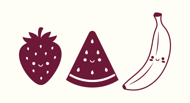 Cute Kawaii Fruit Illustration Set of Strawberry Watermelon and Banana Icons on Cream Background