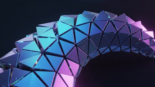 Abstract 3D rendering of a curving formation composed of metallic iridescent blue and purple triangular prisms against a dark background with low-key cinematic lighting and highlights.