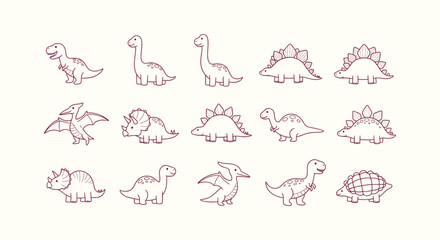 Cute Hand Drawn Dinosaur Line Art Vector Set Featuring TRex Triceratops Stegosaurus and Pterodactyl © RUMA