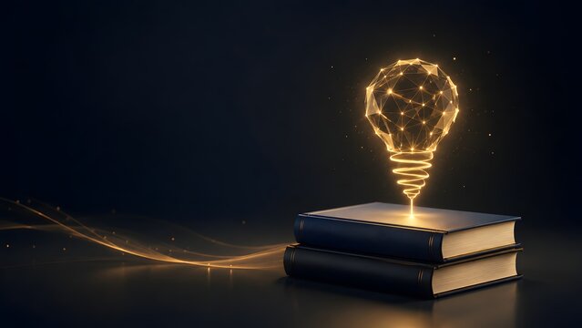 Flowing energy wave connecting to digital wireframe lightbulb above books representing knowledge transfer and futuristic education technology