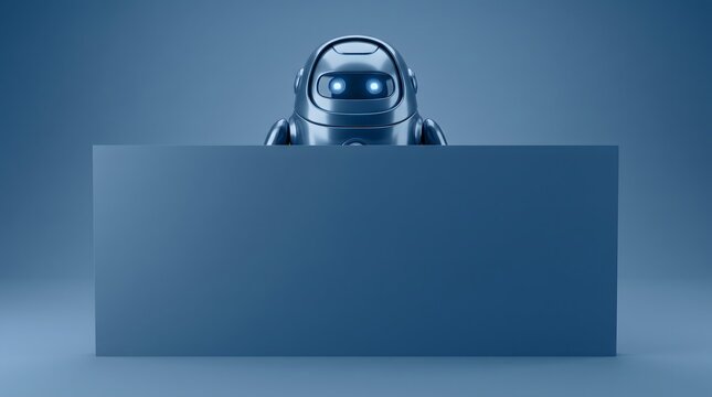 A small metallic robot peeking over a blank blue sign with copy space.