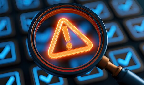 Magnifying glass focuses on glowing orange warning symbol over checklist