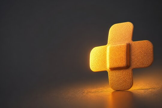 Glowing orange plus symbol on dark background with dramatic copy space for modern design and concept visuals