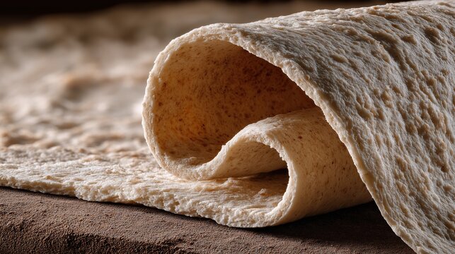 Macro close up of folded flatbread with a porous texture. Detailed view of thin whole wheat dough or crepe on a dark background