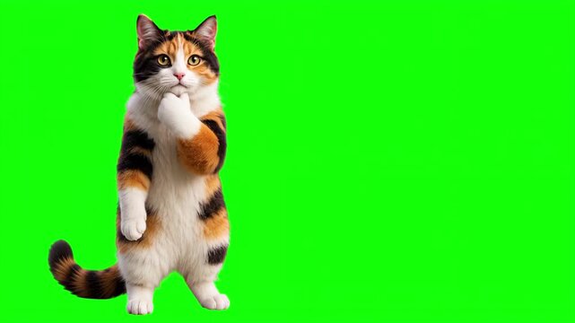 Realistic 3D cat touching chin in a deep thinking and analyzing gesture, thoughtful problem solving and careful decision making business concept isolated on chroma key green screen background