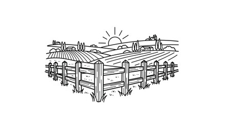 Fototapeta premium Wooden Fence in Rural Landscape Scene.