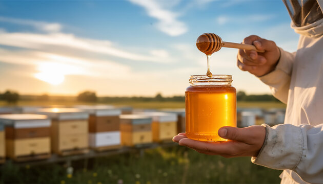 Close up of a beekeeper holding a glass jar of fresh organic amber honey with a wooden dipper dripping liquid gold against a scenic sunset background with wooden beehives