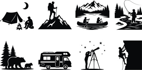 Black silhouettes of outdoor activities and nature scenes camping hiking © MSTSUMIA