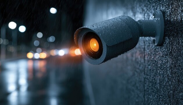 Outdoor security camera mounted on textured wall in rainy night urban setting